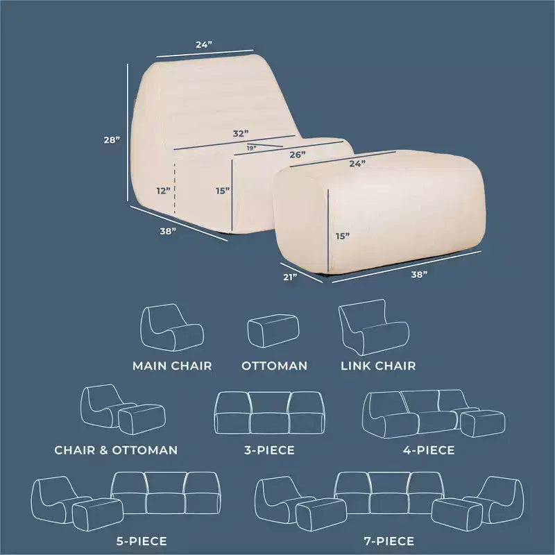 Ensemble de mobilier de terrasse extérieur Big Joe Solvana, fauteuil et pouf en tissu lin haute performance résistant aux intempéries, ensemble modulable de 2 pièces, crème ensoleillé