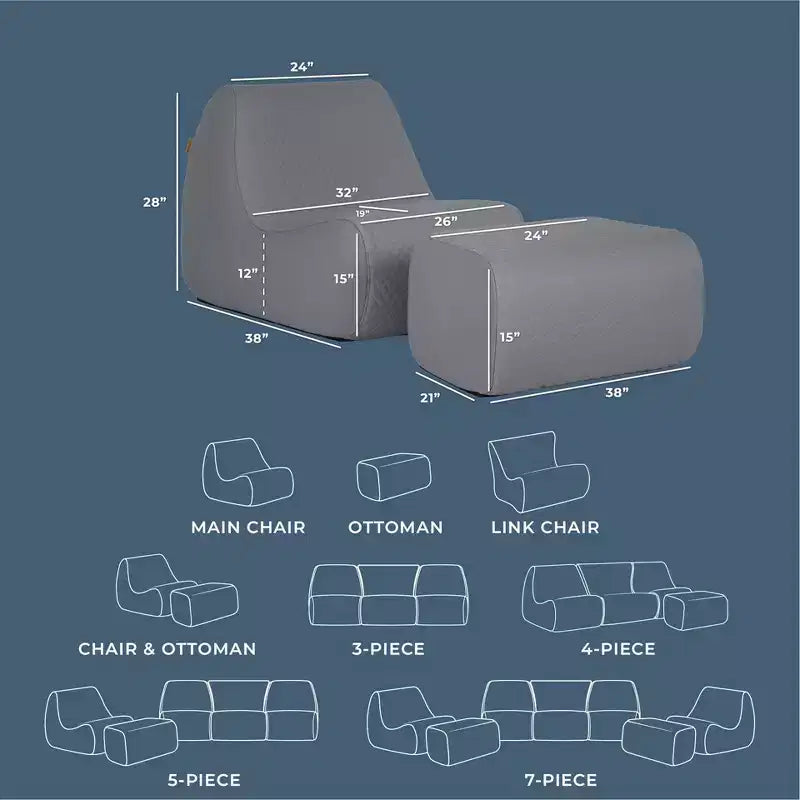 Ensemble de mobilier de terrasse extérieur Big Joe Solvana, revêtement en similicuir cousu en silicone doux au toucher et résistant aux intempéries, chaise et pouf, ensemble modulaire 2 pièces, gris Moonlit