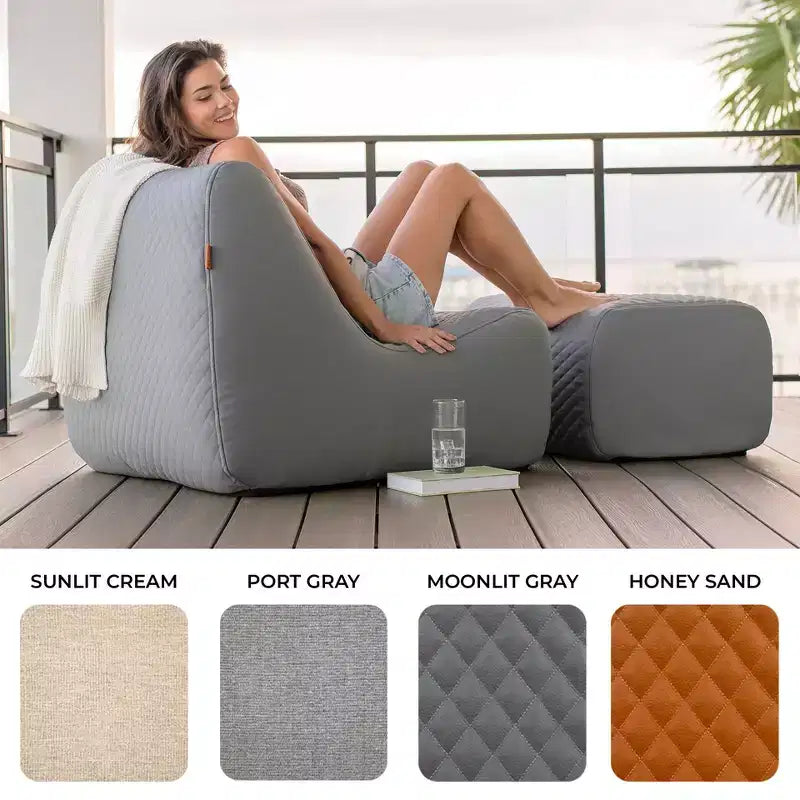 Ensemble de mobilier de terrasse extérieur Big Joe Solvana, revêtement en similicuir cousu en silicone doux au toucher et résistant aux intempéries, chaise et pouf, ensemble modulaire 2 pièces, gris Moonlit