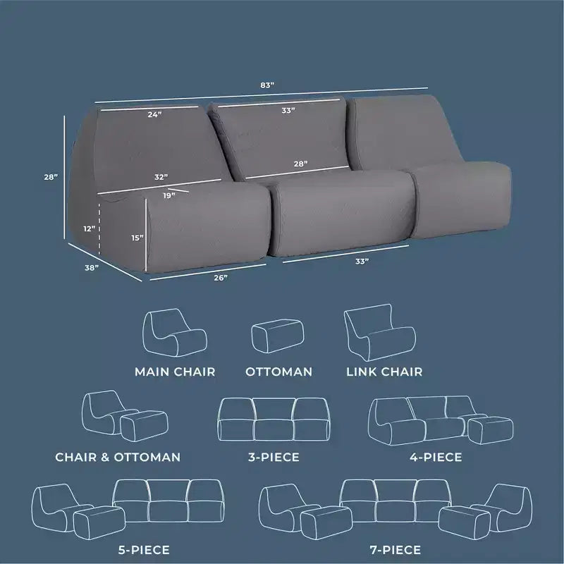 Ensemble de mobilier de patio d’extérieur Big Joe Solvana, canapé en similicuir cousu en silicone résistant aux intempéries et au toucher frais, ensemble modulable 3 pièces, gris Moonlit