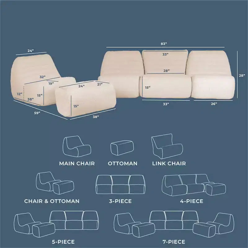 Ensemble de mobilier de patio d’extérieur Big Joe Solvana, canapé en tissu de lin Performance résistant aux intempéries, ensemble modulable 5 pièces, crème Sunlit
