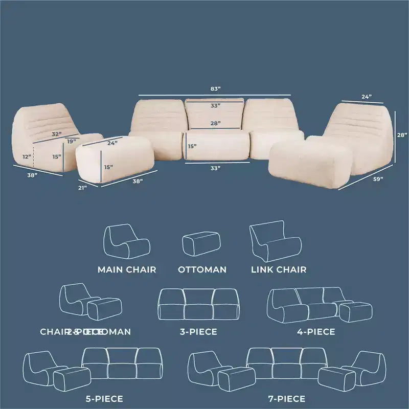 Ensemble de mobilier de patio d’extérieur Big Joe Solvana, canapé en tissu de lin Performance résistant aux intempéries, ensemble modulable 7 pièces, crème Sunlit