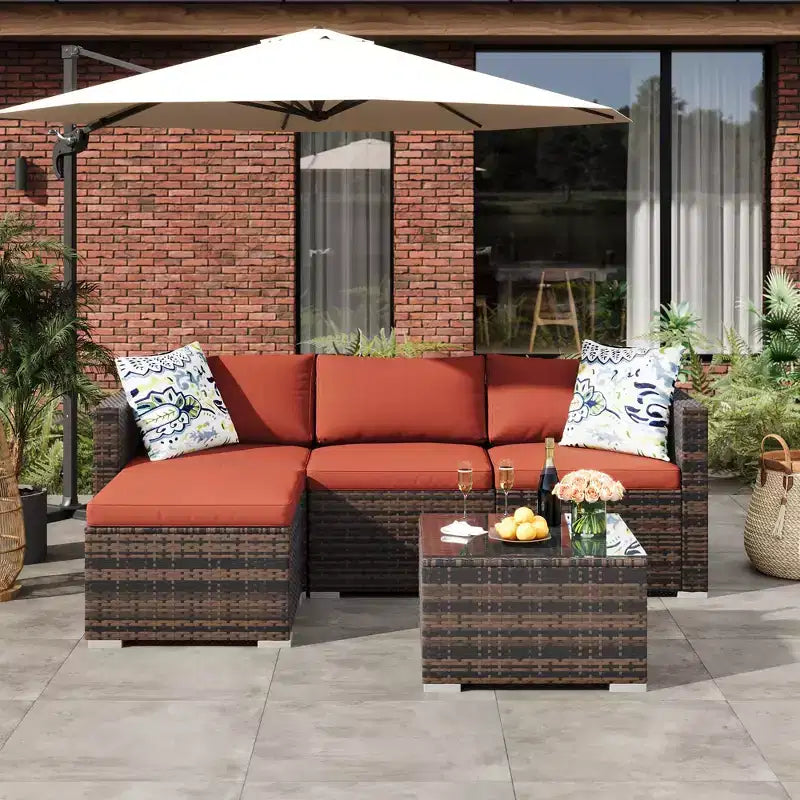 Ensemble de canapés modulables d’extérieur de 5 pièces en résine tressée PE tous temps, ensemble de conversation pour terrasse avec coussins et table basse avec plateau en verre pour le jardin