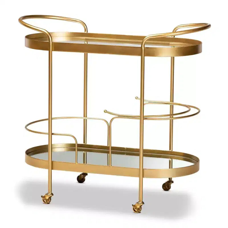 Kamal Glam Brushed Metal and Mirrored Glass 2 Tier Mobile Wine Bar Cart Gold - Baxton Studio: Elegant Serving Trolley with Wheels