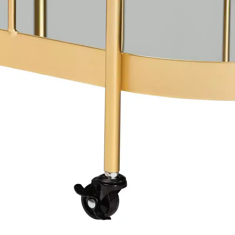 Kamal Glam Brushed Metal and Mirrored Glass 2 Tier Mobile Wine Bar Cart Gold - Baxton Studio: Elegant Serving Trolley with Wheels