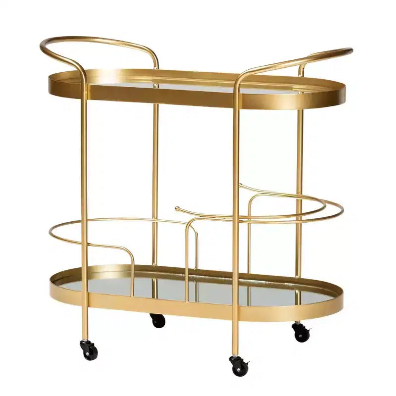 Kamal Glam Brushed Metal and Mirrored Glass 2 Tier Mobile Wine Bar Cart Gold - Baxton Studio: Elegant Serving Trolley with Wheels