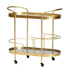 Kamal Glam Brushed Metal and Mirrored Glass 2 Tier Mobile Wine Bar Cart Gold - Baxton Studio: Elegant Serving Trolley with Wheels