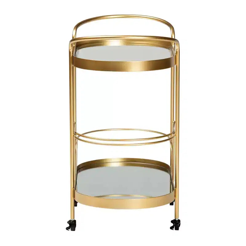 Kamal Glam Brushed Metal and Mirrored Glass 2 Tier Mobile Wine Bar Cart Gold - Baxton Studio: Elegant Serving Trolley with Wheels