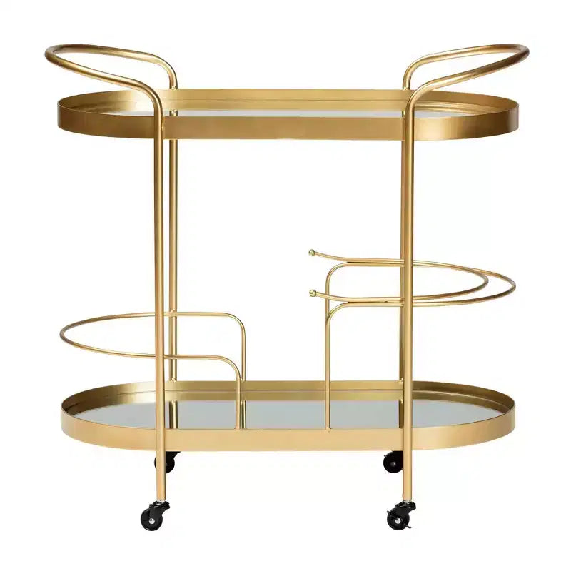Kamal Glam Brushed Metal and Mirrored Glass 2 Tier Mobile Wine Bar Cart Gold - Baxton Studio: Elegant Serving Trolley with Wheels