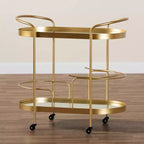 Kamal Glam Brushed Metal and Mirrored Glass 2 Tier Mobile Wine Bar Cart Gold - Baxton Studio: Elegant Serving Trolley with Wheels