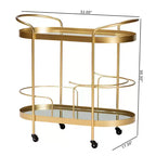Kamal Glam Brushed Metal and Mirrored Glass 2 Tier Mobile Wine Bar Cart Gold - Baxton Studio: Elegant Serving Trolley with Wheels