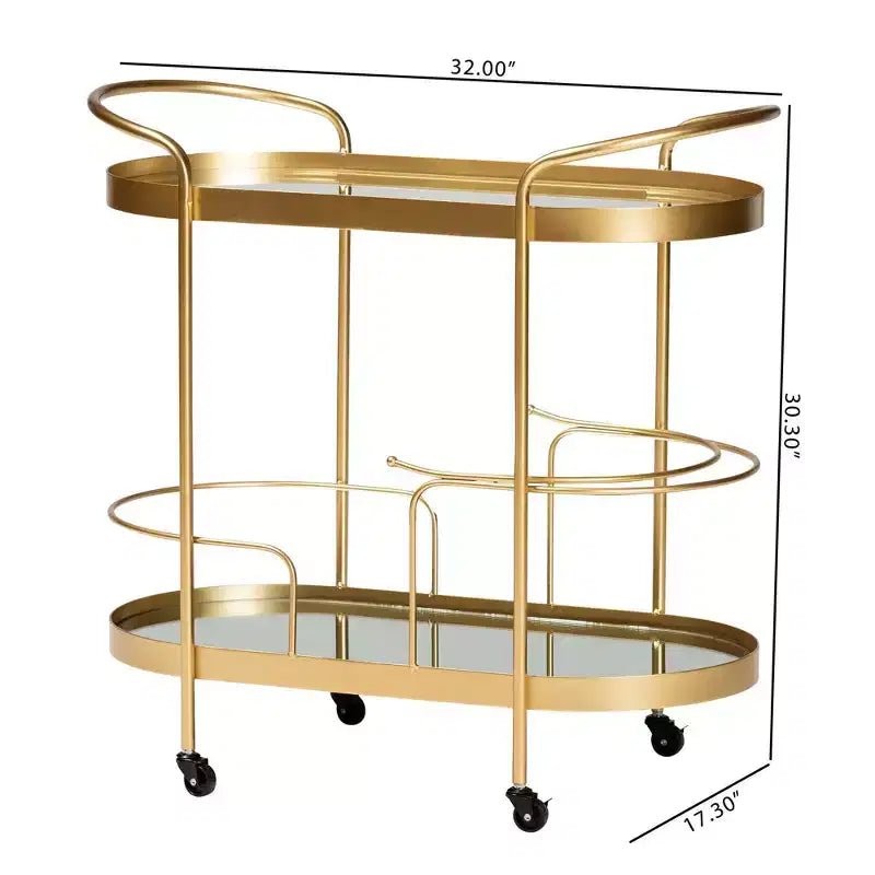 Kamal Glam Brushed Metal and Mirrored Glass 2 Tier Mobile Wine Bar Cart Gold - Baxton Studio: Elegant Serving Trolley with Wheels