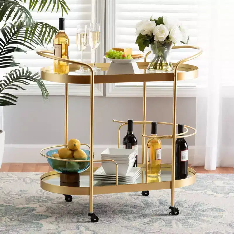 Kamal Glam Brushed Metal and Mirrored Glass 2 Tier Mobile Wine Bar Cart Gold - Baxton Studio: Elegant Serving Trolley with Wheels