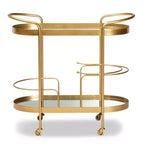Kamal Glam Brushed Metal and Mirrored Glass 2 Tier Mobile Wine Bar Cart Gold - Baxton Studio: Elegant Serving Trolley with Wheels