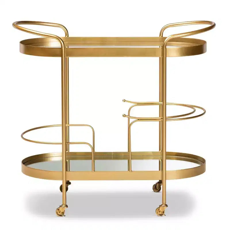 Kamal Glam Brushed Metal and Mirrored Glass 2 Tier Mobile Wine Bar Cart Gold - Baxton Studio: Elegant Serving Trolley with Wheels