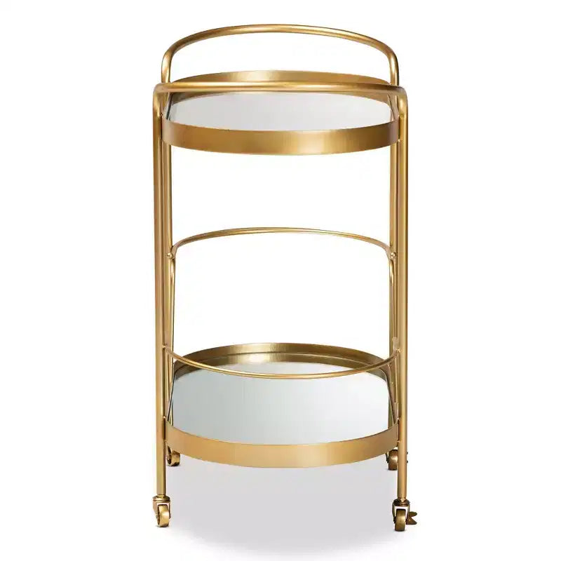 Kamal Glam Brushed Metal and Mirrored Glass 2 Tier Mobile Wine Bar Cart Gold - Baxton Studio: Elegant Serving Trolley with Wheels