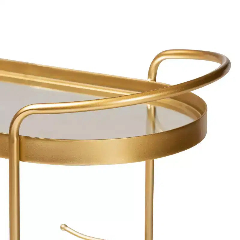 Kamal Glam Brushed Metal and Mirrored Glass 2 Tier Mobile Wine Bar Cart Gold - Baxton Studio: Elegant Serving Trolley with Wheels