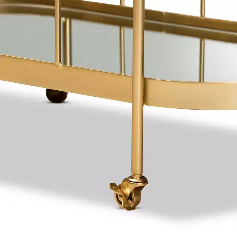 Kamal Glam Brushed Metal and Mirrored Glass 2 Tier Mobile Wine Bar Cart Gold - Baxton Studio: Elegant Serving Trolley with Wheels