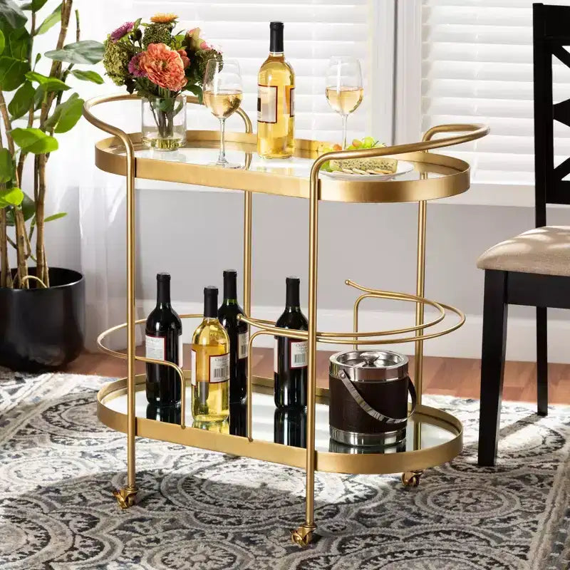 Kamal Glam Brushed Metal and Mirrored Glass 2 Tier Mobile Wine Bar Cart Gold - Baxton Studio: Elegant Serving Trolley with Wheels