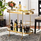 Kamal Glam Brushed Metal and Mirrored Glass 2 Tier Mobile Wine Bar Cart Gold - Baxton Studio: Elegant Serving Trolley with Wheels