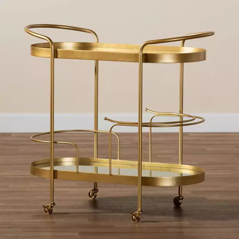 Kamal Glam Brushed Metal and Mirrored Glass 2 Tier Mobile Wine Bar Cart Gold - Baxton Studio: Elegant Serving Trolley with Wheels