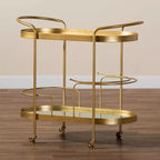 Kamal Glam Brushed Metal and Mirrored Glass 2 Tier Mobile Wine Bar Cart Gold - Baxton Studio: Elegant Serving Trolley with Wheels