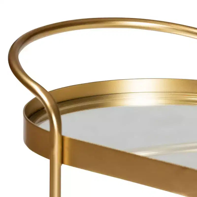Kamal Glam Brushed Metal and Mirrored Glass 2 Tier Mobile Wine Bar Cart Gold - Baxton Studio: Elegant Serving Trolley with Wheels