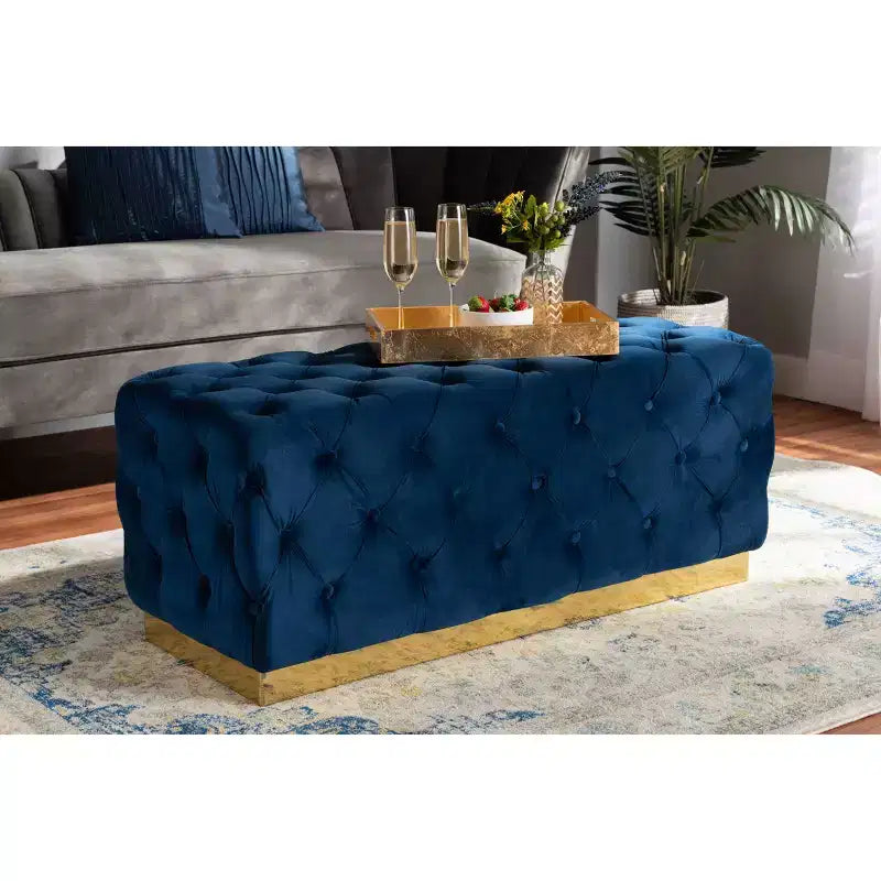 Corrine Velvet Fabric Upholstered and PU Ottoman Navy Blue/Gold - Baxton Studio: Tufted Padded Seat, Wood Frame, Luxury Decor