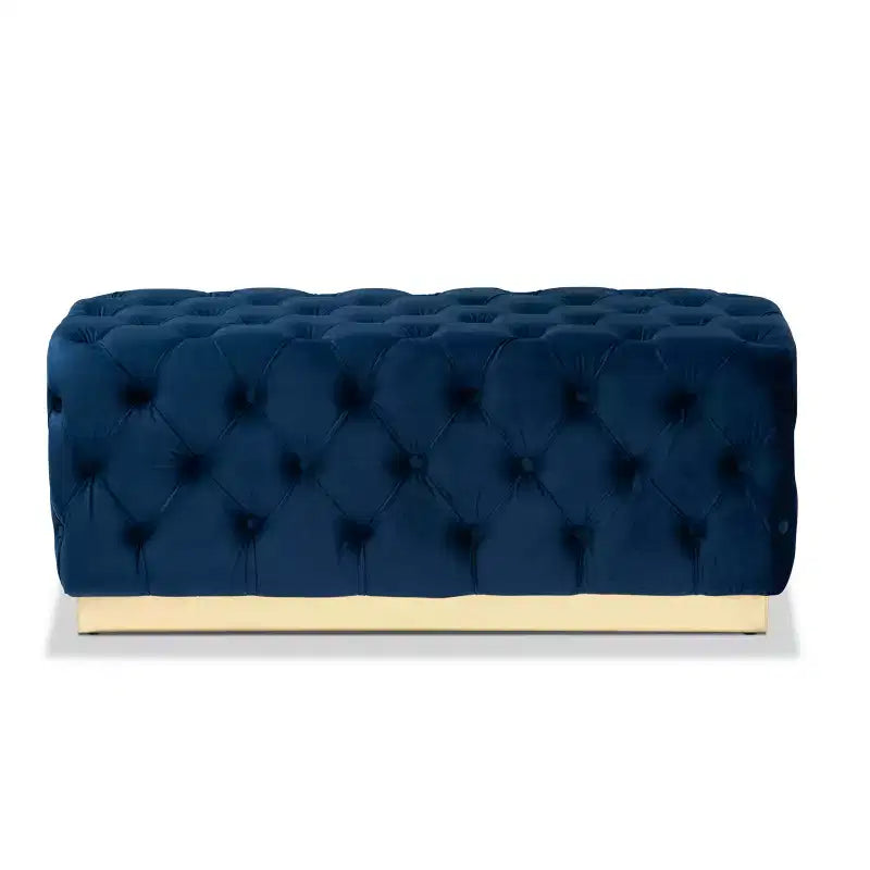 Corrine Velvet Fabric Upholstered and PU Ottoman Navy Blue/Gold - Baxton Studio: Tufted Padded Seat, Wood Frame, Luxury Decor