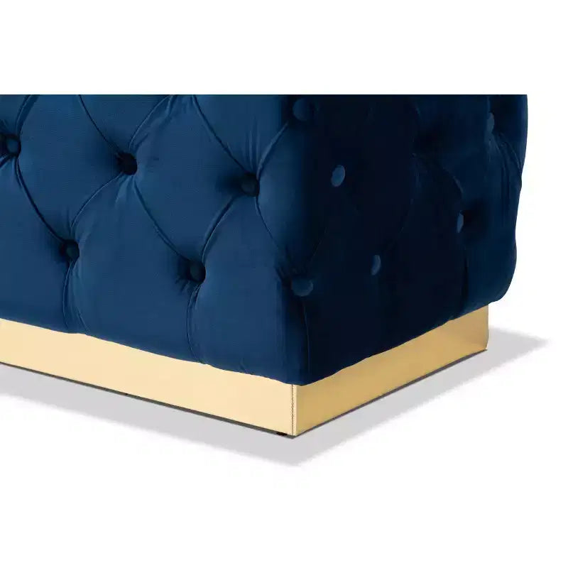 Corrine Velvet Fabric Upholstered and PU Ottoman Navy Blue/Gold - Baxton Studio: Tufted Padded Seat, Wood Frame, Luxury Decor