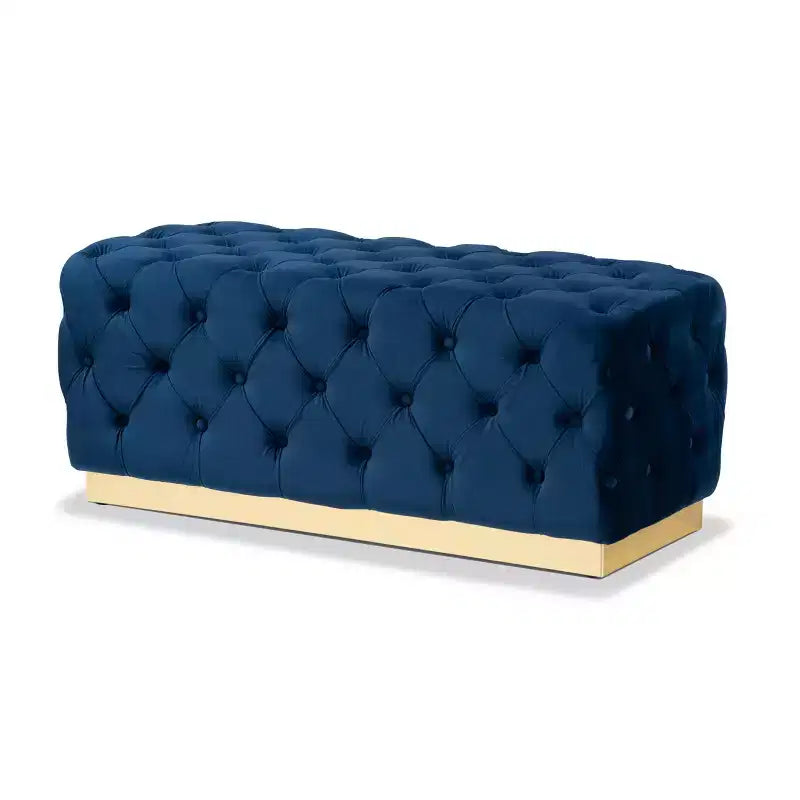 Corrine Velvet Fabric Upholstered and PU Ottoman Navy Blue/Gold - Baxton Studio: Tufted Padded Seat, Wood Frame, Luxury Decor