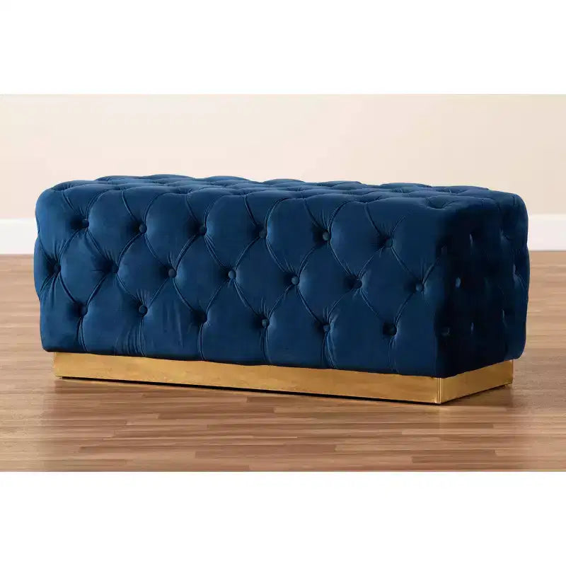 Corrine Velvet Fabric Upholstered and PU Ottoman Navy Blue/Gold - Baxton Studio: Tufted Padded Seat, Wood Frame, Luxury Decor