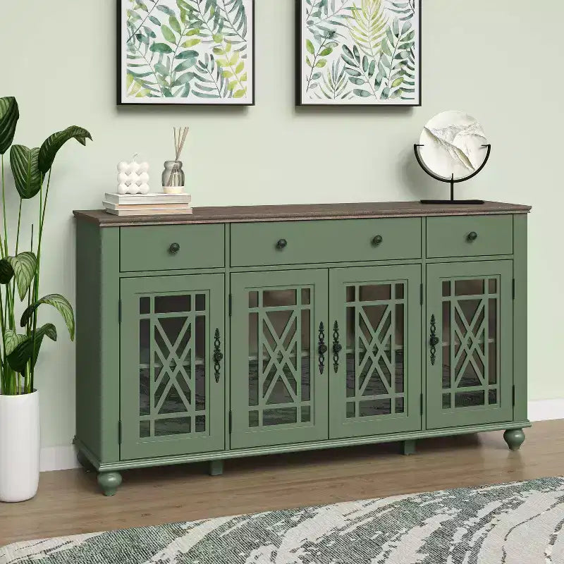 63" Vintage Style Buffet Sideboard Cabinet with Drawers, Green