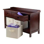 Entryway Storage Bench with Baskets, Walnut Finish, Beige Fabric