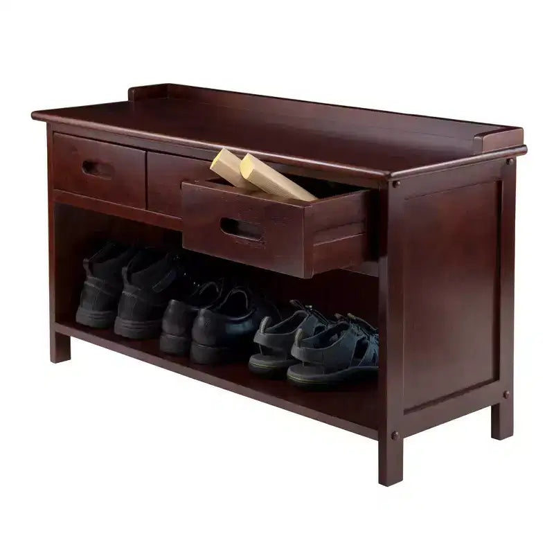 Entryway Storage Bench with Baskets, Walnut Finish, Beige Fabric