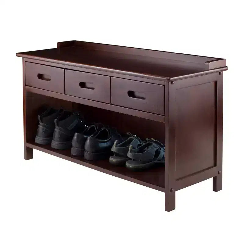 Entryway Storage Bench with Baskets, Walnut Finish, Beige Fabric