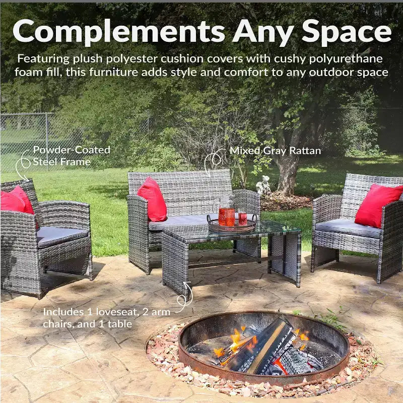 Ensemble de mobilier de salon de jardin Sunnydaze Outdoor Ardfield avec canapé deux places, fauteuils et table - gris et gris - 4 pièces