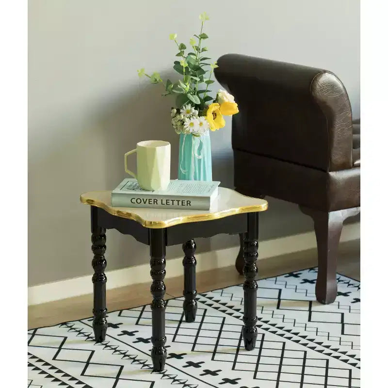 Fabulaxe Square Wooden Side Table, Living Room Accent End Table, Gold, Black and White