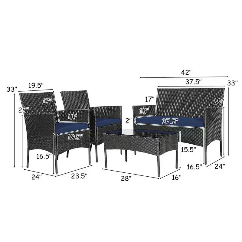 Costway 4 részes kültéri rattan bútorgarnitúra, párnázott kanapéval és dohányzóasztallal, türkiz/piros/fehér/szürke/tengerészkék