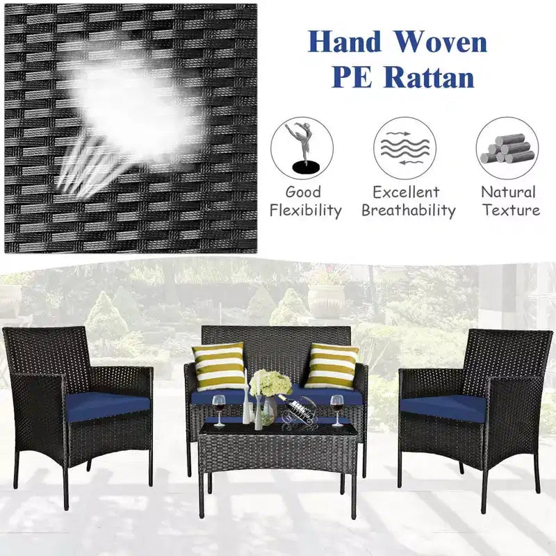 Costway 4 részes kültéri rattan bútorgarnitúra, párnázott kanapéval és dohányzóasztallal, türkiz/piros/fehér/szürke/tengerészkék