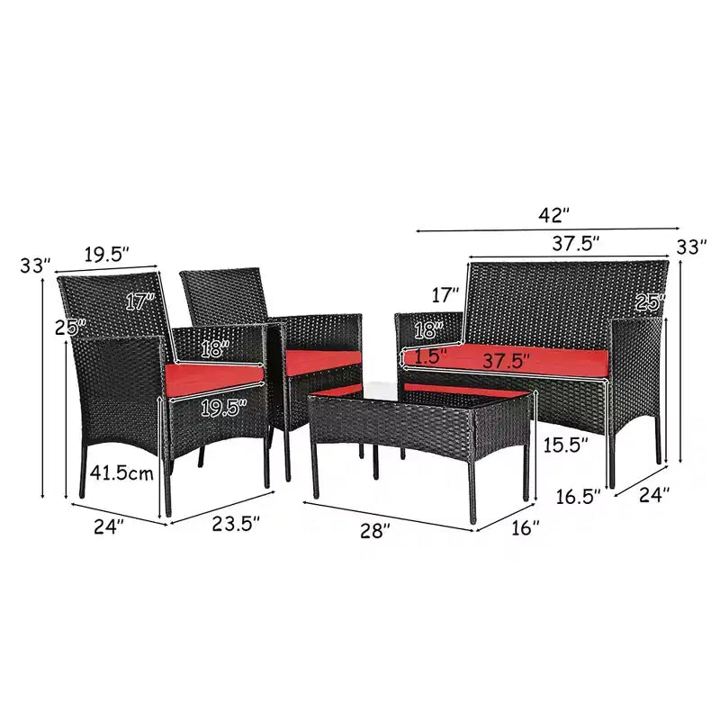 Costway 4 részes kültéri rattan bútorgarnitúra, párnázott kanapéval és dohányzóasztallal, türkiz/piros/fehér/szürke/tengerészkék