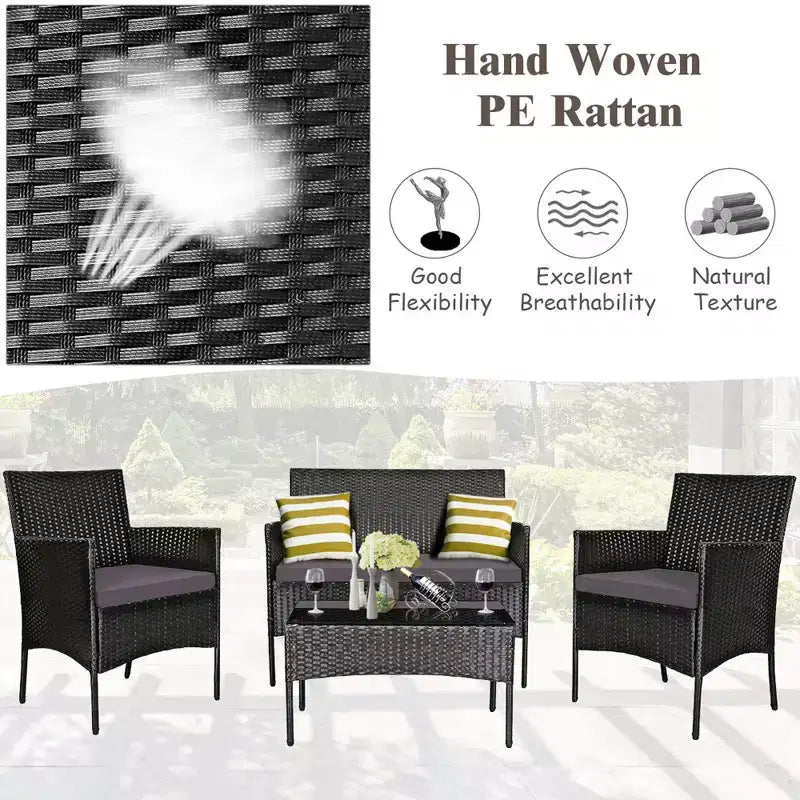 Costway 4 részes kültéri rattan bútorgarnitúra, párnázott kanapéval és dohányzóasztallal, türkiz/piros/fehér/szürke/tengerészkék