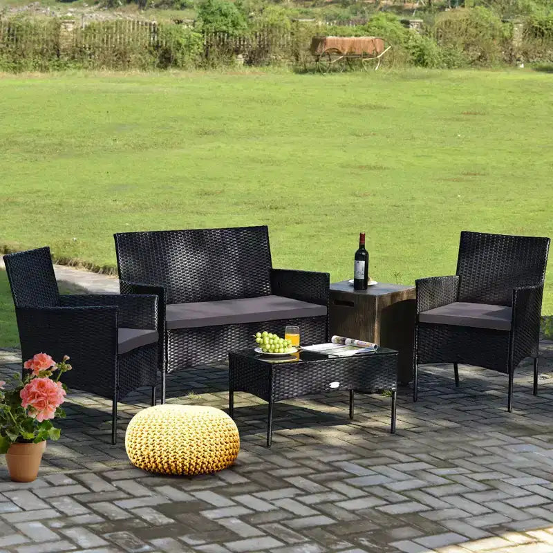 Costway 4PCS Patio Rattan Furniture Set Cushioned Sofa Coffee Table Backyard Turquoise/Red/White/Grey/Navy