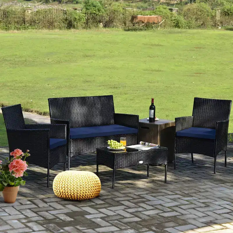 Set di mobili da patio in rattan Costway, 4 pezzi, divano imbottito, tavolino da caffè, per giardino, turchese/rosso/bianco/grigio/blu navy