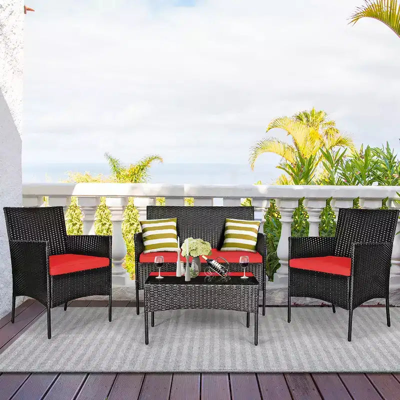 Set di mobili da patio in rattan Costway, 4 pezzi, divano imbottito, tavolino da caffè, per giardino, turchese/rosso/bianco/grigio/blu navy