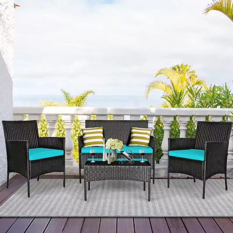 Set di mobili da patio in rattan Costway, 4 pezzi, divano imbottito, tavolino da caffè, per giardino, turchese/rosso/bianco/grigio/blu navy