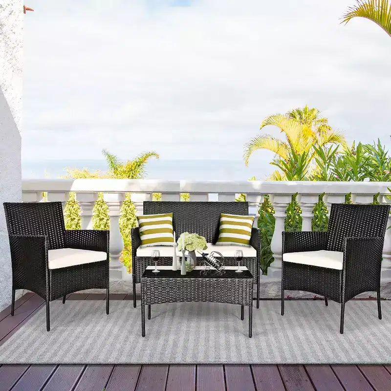 Set di mobili da patio in rattan Costway, 4 pezzi, divano imbottito, tavolino da caffè, per giardino, turchese/rosso/bianco/grigio/blu navy