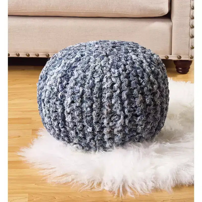 Saro Lifestyle Denim Twisted Rope Pouf - 20dx14h Round, Navy Blue