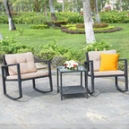 Ensemble de conversation de jardin Costway 3 pièces en rotin, fauteuil à bascule, canapé avec coussins, mobilier de jardin