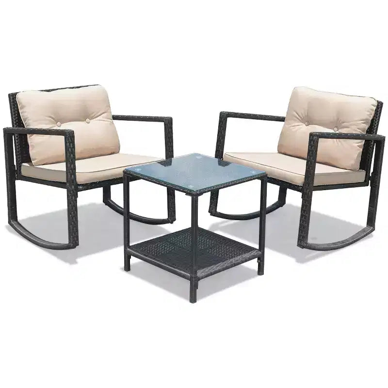 Ensemble de conversation de jardin Costway 3 pièces en rotin, fauteuil à bascule, canapé avec coussins, mobilier de jardin